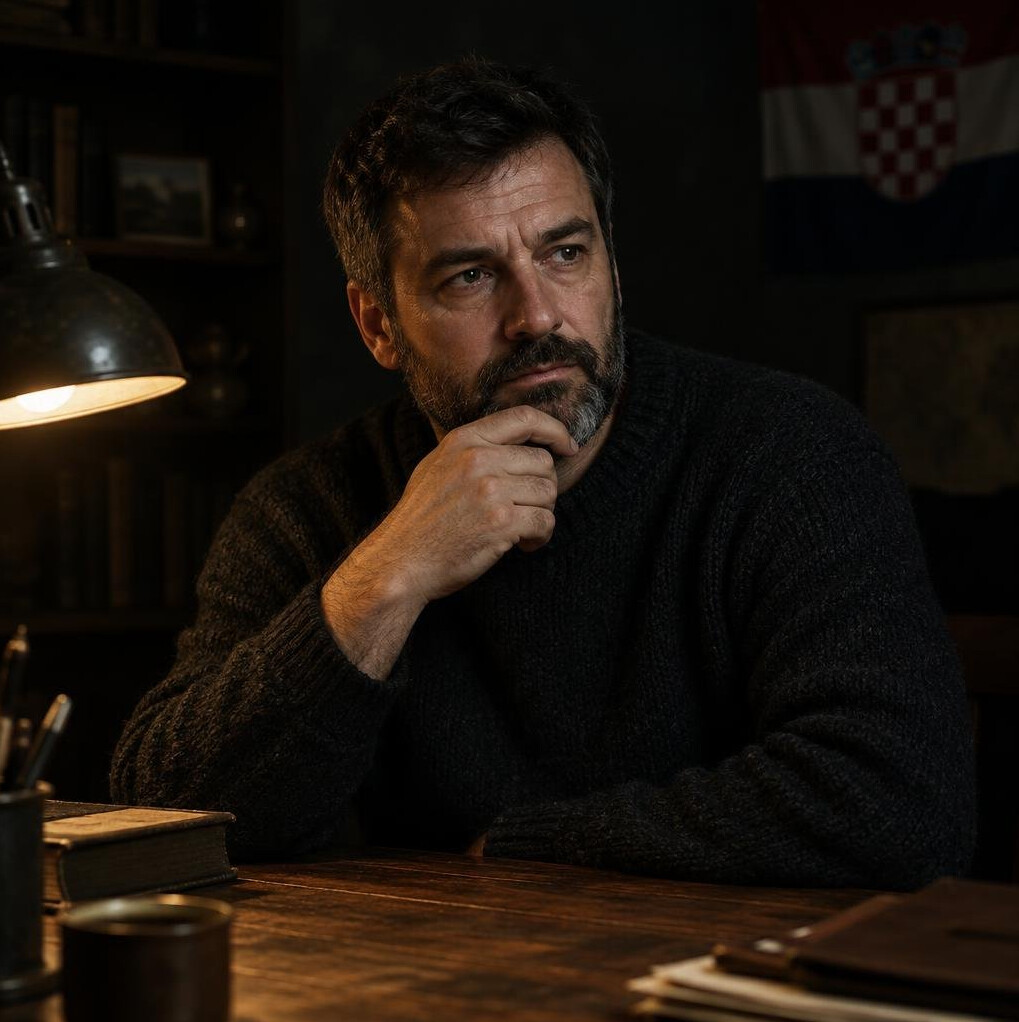 Croatian male writer with beard sitting at a wooden desk at night