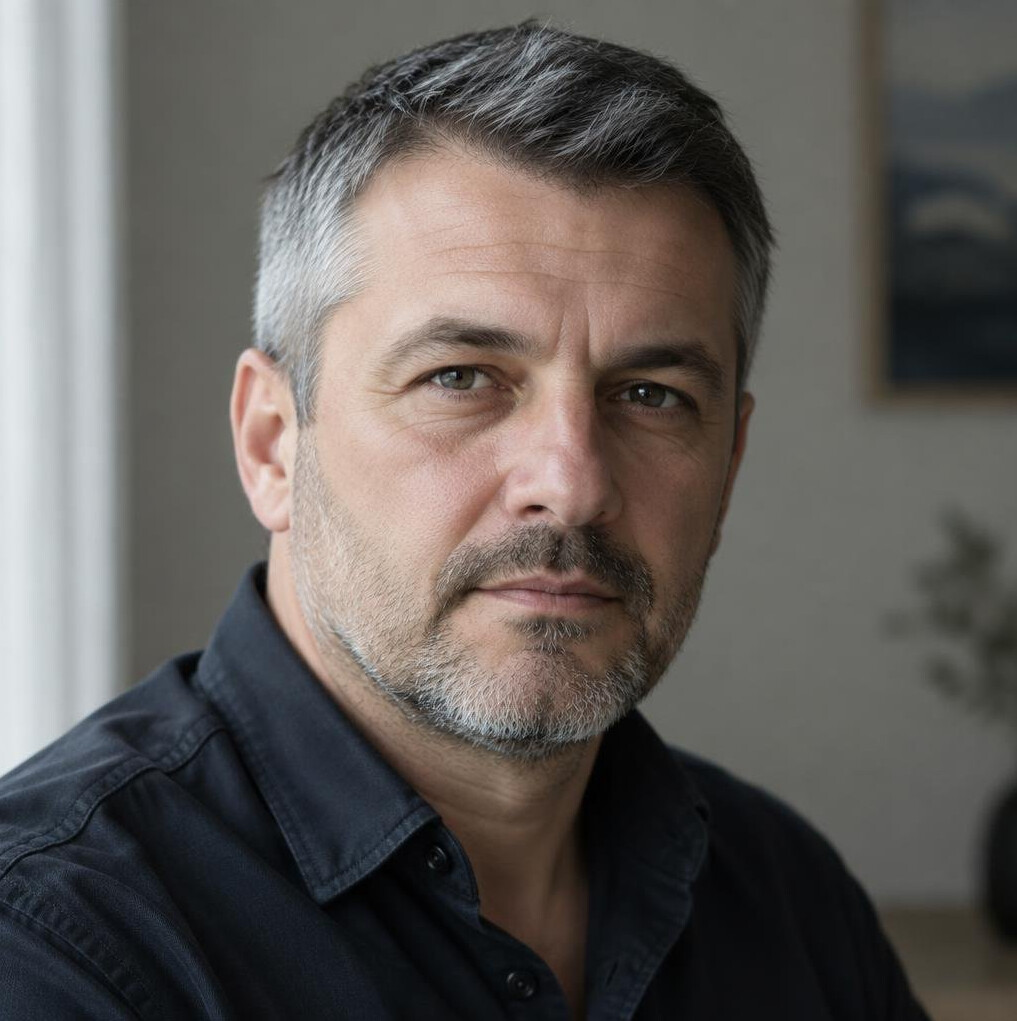Close up portrait of a middle aged Croatian man with a calm serious expression
